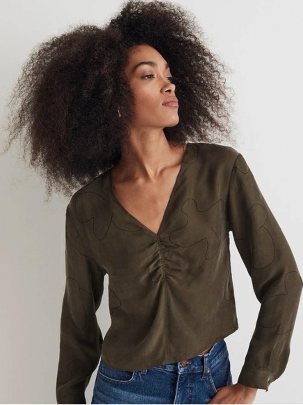 Madewell Olive Green Brushed Ruched-Front Blouse